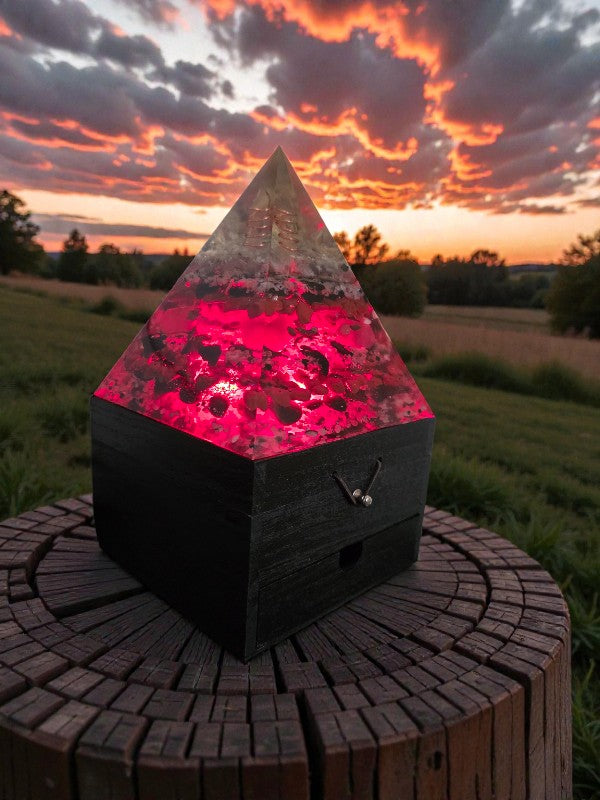 Aegis Root orgonite lamp highlighting protective crystal layers in resin.