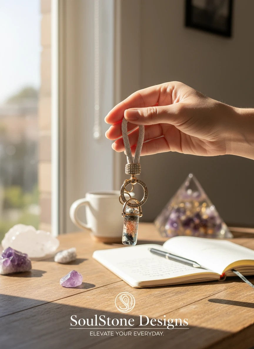 Soul Stone Designs Kyanite Crystal Orgonite Keychain with braided strap and crystal-filled vial.
