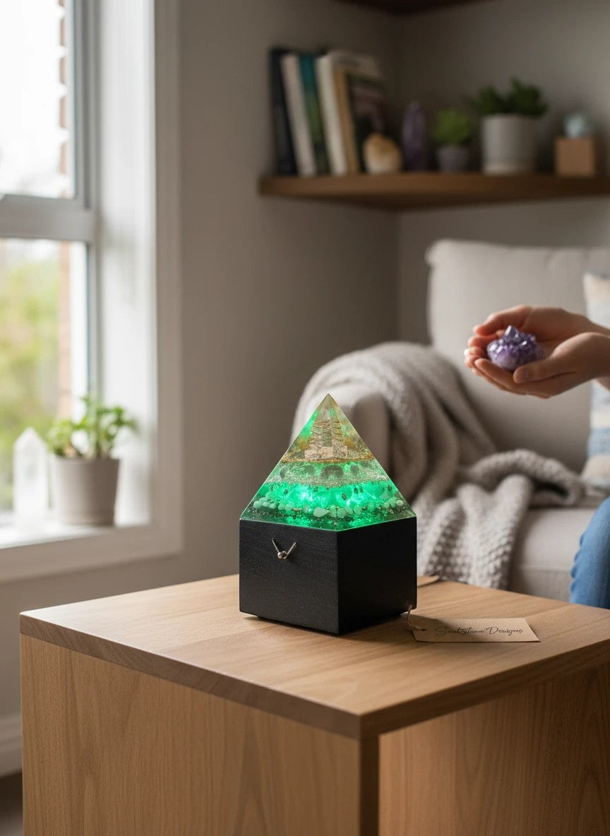 SoulStone Designs pyramid orgonite lamp with green glow, clear quartz, lepidolite, fluorite, howlite, blue calcite, and copper flower of life.