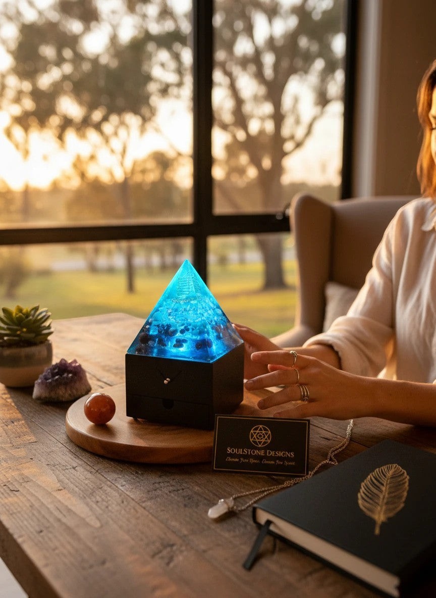 SoulStone Designs pyramid orgonite lamp with blue light, crystals, and copper coil on wooden box.