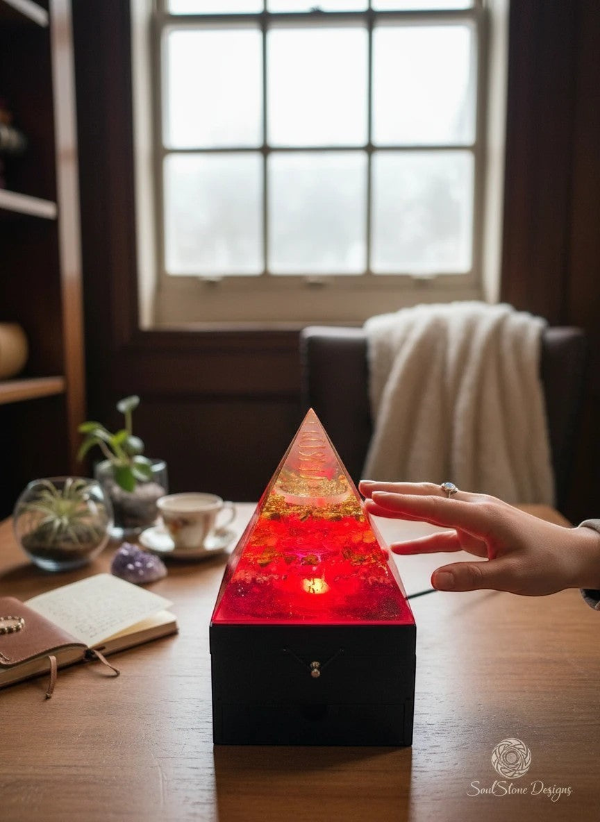 SoulStone Designs red and gold pyramid orgonite lamp with crystals, copper torus, and selenite base, casting a warm glow.