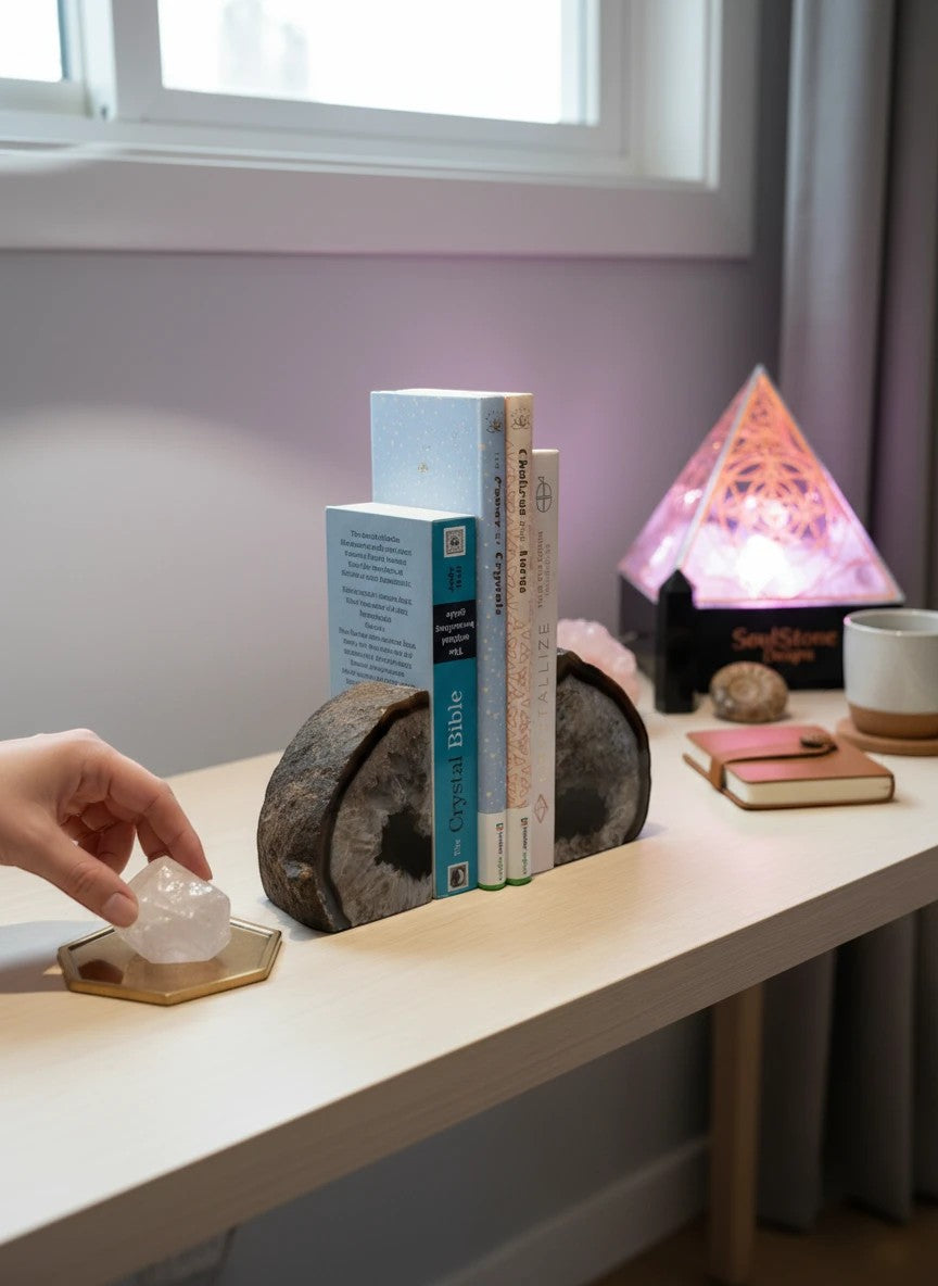 Soul Stone Designs natural agate geode bookends with grey and white banding, holding books on a wooden desk.