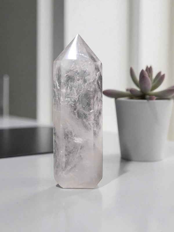 Soul Stone Designs clear quartz tower, polished with internal inclusions, ideal for energy balance and clarity.