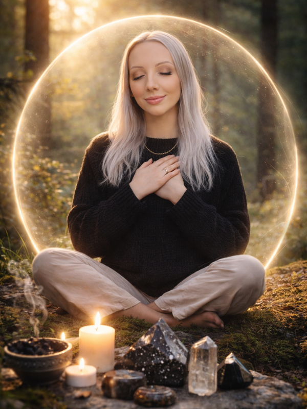 Person seated in meditation surrounded by crystals and soft glowing light, representing energetic protection and calm presence. Representing energetic protection
