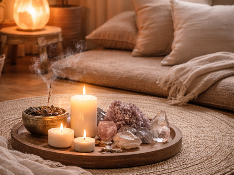 Calm interior sanctuary with candles, crystals, and warm light, creating a peaceful and supportive space. Creating a peaceful sanctuary