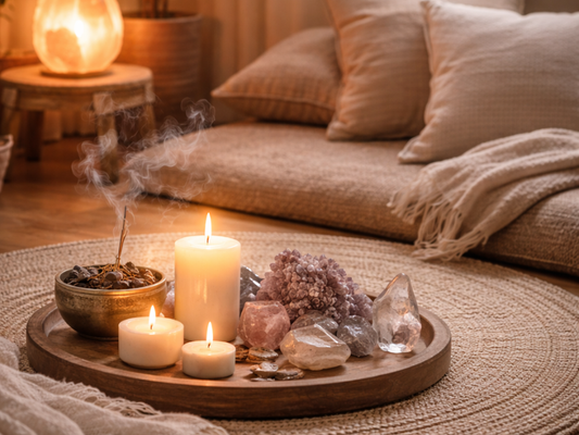Calm interior sanctuary with candles, crystals, and warm light, creating a peaceful and supportive space. Creating a peaceful sanctuary