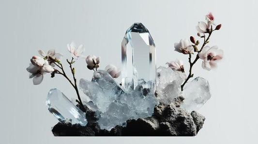 clear quartz crystal with cherry blossoms