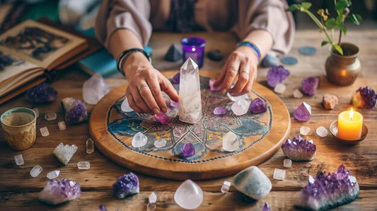 Hands arranging amethyst and clear quartz crystals on a wooden crystal grid for energy healing and meditation.