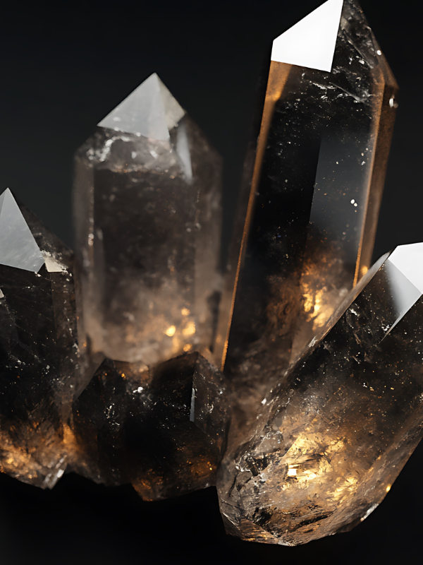 Cluster of smoky quartz crystals with golden light reflections