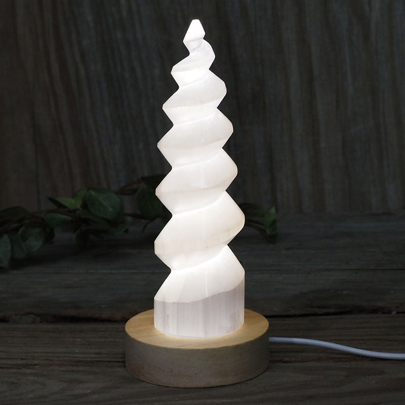 Spiral selenite lamp on an ambient warn light base