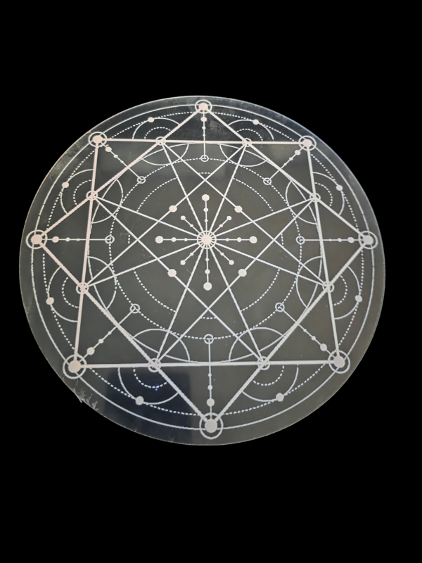 Geometric design with interlocking circles and lines on a black background