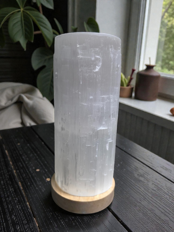 Selenite Tower Lamp on a Multicolour LED Light Base