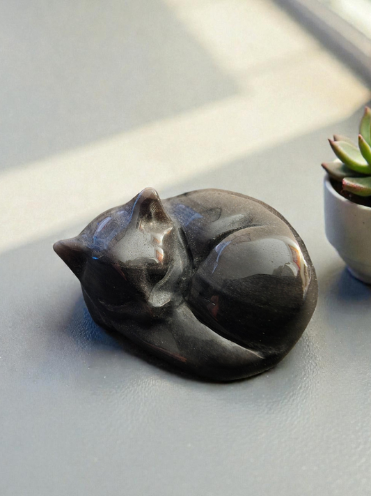Gold Sheen Obsidian Sleeping Cat – Protection, Grounding & Inner Strength