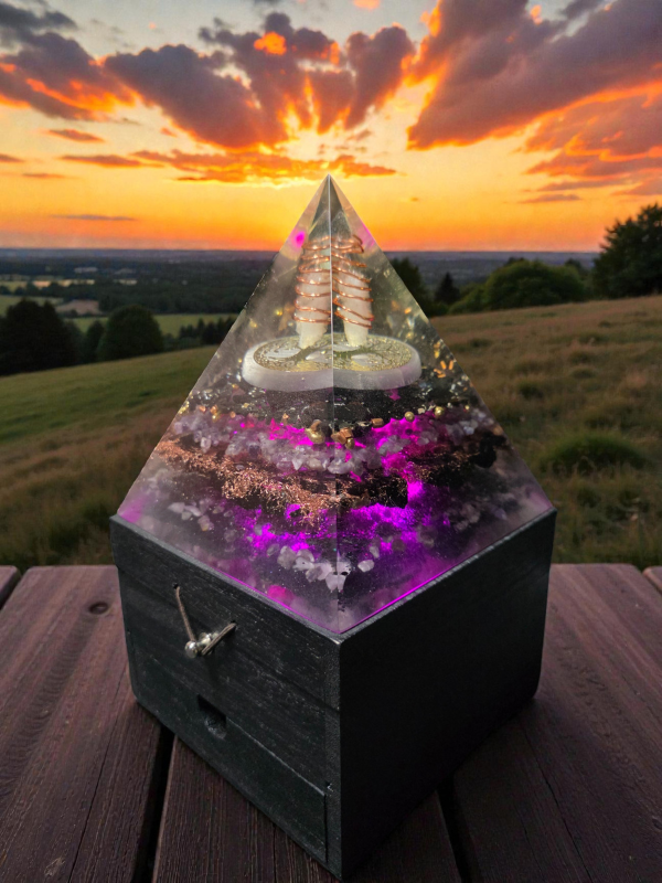Pyramid-shaped light fixture with a scenic sunset background