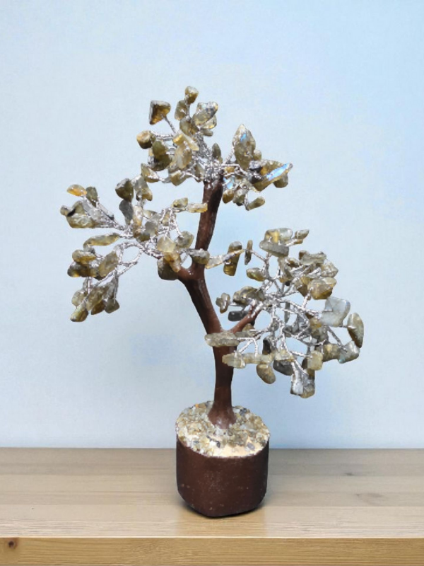 Handcrafted labradorite crystal tree with shimmering labradorite leaves on a gemstone base