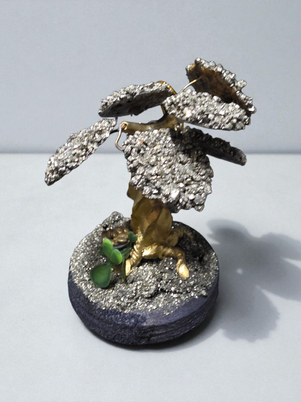 Handcrafted pyrite crystal tree with gold-toned trunk on a pyrite-covered base