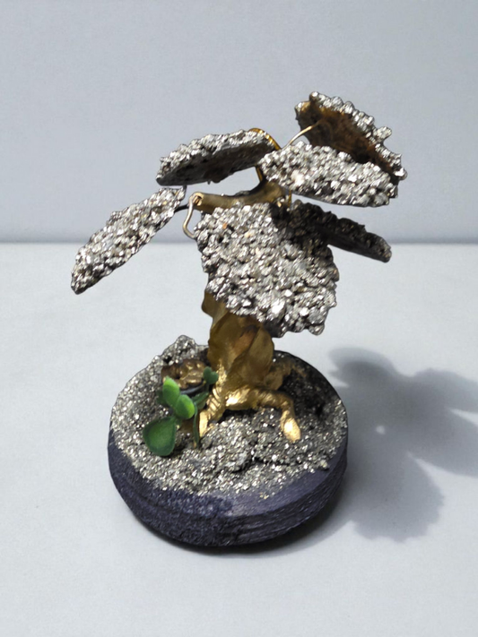Handcrafted pyrite crystal tree with gold-toned trunk on a pyrite-covered base