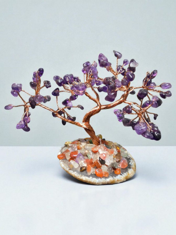 Handcrafted amethyst crystal tree with purple gemstone leaves on a mixed-crystal base.