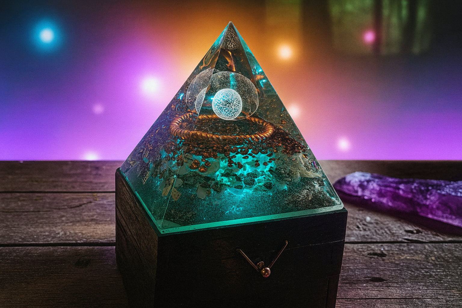Orgonite pyramid lamp glowing with teal and gold light, sitting on a wooden surface with crystals, against a mystical forest background.