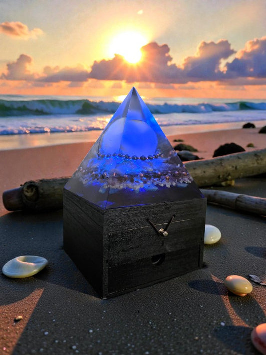 Axis of Stillness orgonite pyramid lamp with selenite sphere, lepidolite, celestite, smoky quartz, blue kyanite, copper spiral, and hematite accents, glowing blue and green on a black wooden base.