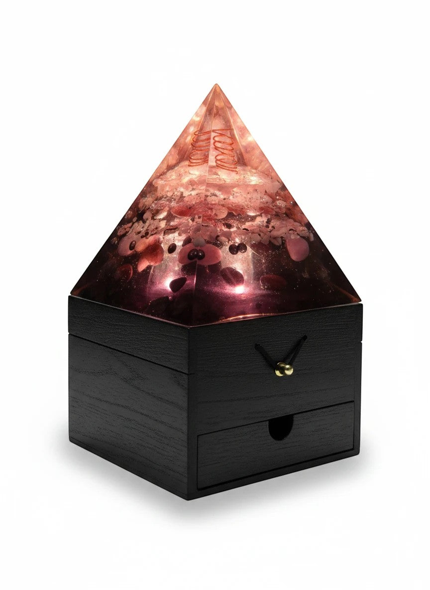 Soul Stone Designs Celestial Drift Orgonite Lamp with pink crystals, copper coil, and wooden box.