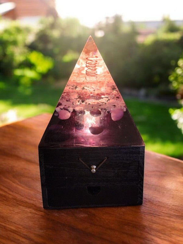 Soul Stone Designs Celestial Drift Orgonite Lamp with Clear Quartz, Selenite, Aquamarine, Amethyst, Moonstone, Mookaite, resin, copper, and wood box.