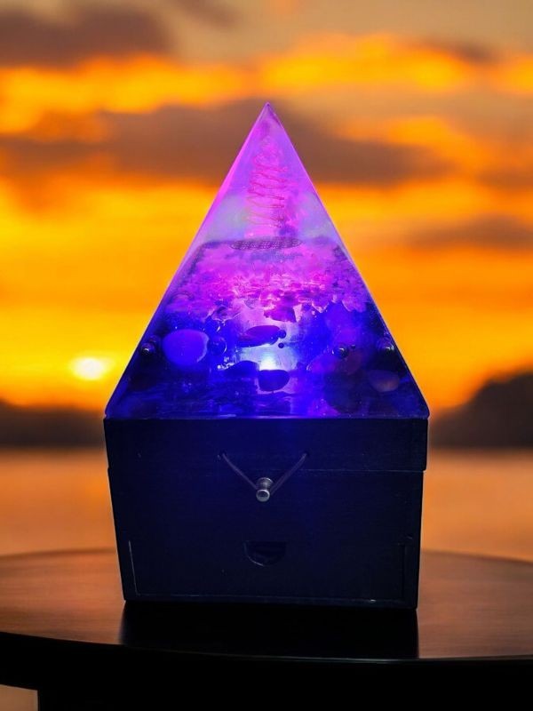 Soul Stone Designs Lunar Tides Orgonite Lamp with raw Clear Quartz tower, Selenite, Aquamarine, Lepidolite, Mookaite, and Rainbow Moonstone.