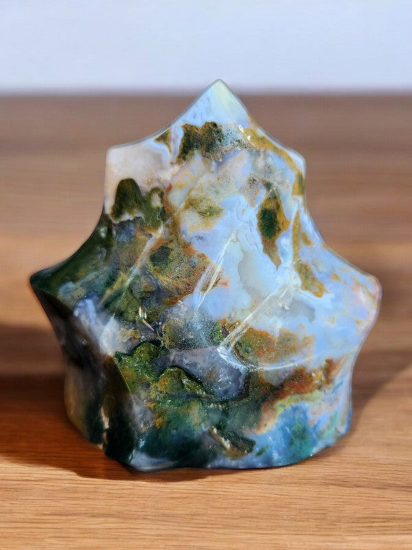 Soul Stone Designs Ocean Jasper Flame crystal with blue, green, and white swirls and moss-like inclusions.