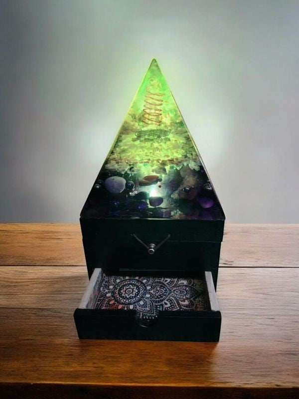 Soul Stone Designs Lunar Tides Orgonite Lamp with raw Clear Quartz tower, Selenite, Aquamarine, Lepidolite, Mookaite, and Rainbow Moonstone on a wooden box.