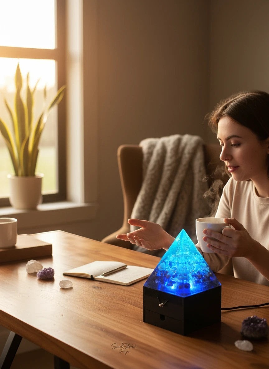 Soul Stone Designs Celestial Flow Orgonite Lamp with blue light, crystals, and copper coil on a wooden box.