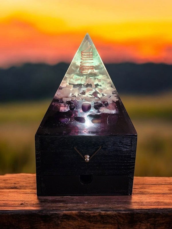 Soul Stone Designs pyramid orgonite lamp with clear quartz, aquamarine, apatite, labradorite, moonstone, obsidian, and copper Flower of Life.