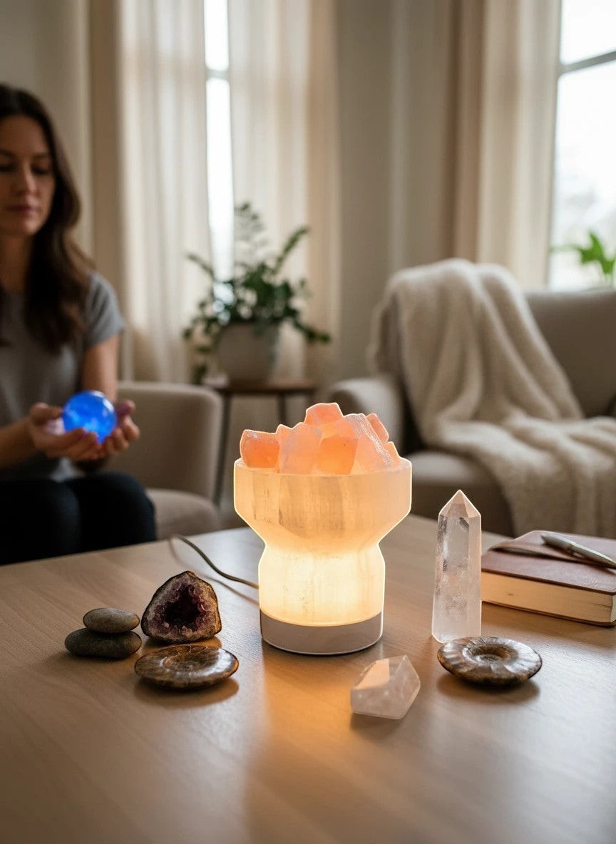 Soul Stone Designs Selenite bowl lamp with peach selenite chunks, emitting a warm golden glow. Natural crystal decor.