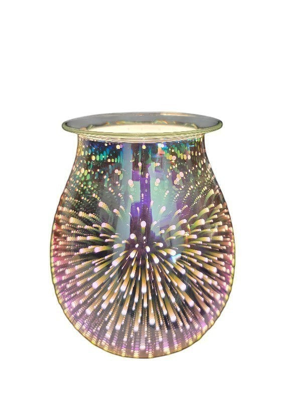 SoulStone Designs 3D fireworks electric wax warmer with iridescent mirrored glass finish and glowing light effect.