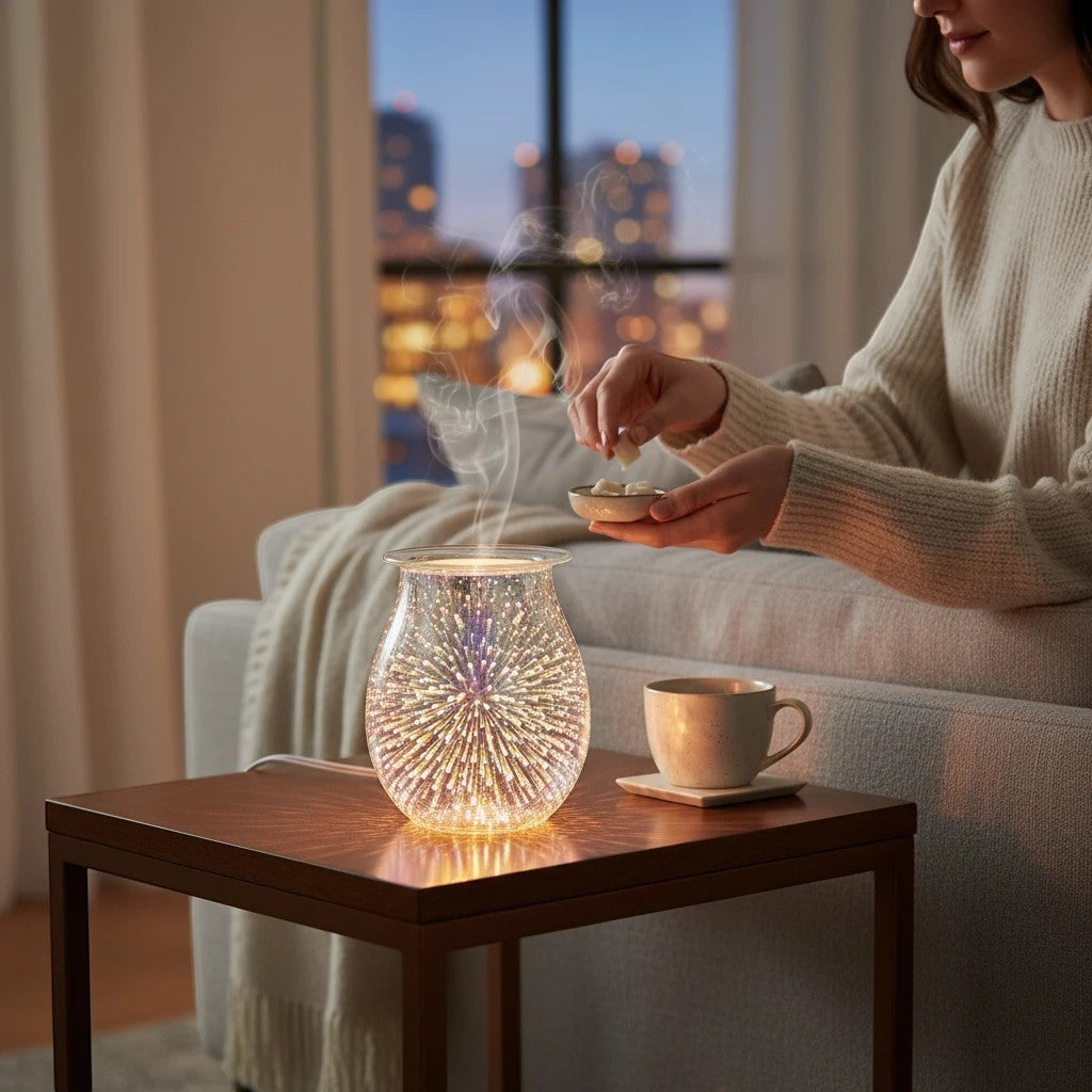 SoulStone Designs 3D fireworks electric wax warmer with iridescent glass glowing on a table next to a woman.