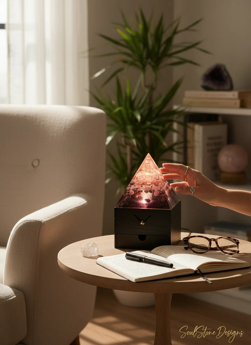 SoulStone Designs Celestial Drift Orgonite Lamp with pink and purple crystals, copper coil, and wooden base, emitting a warm glow.