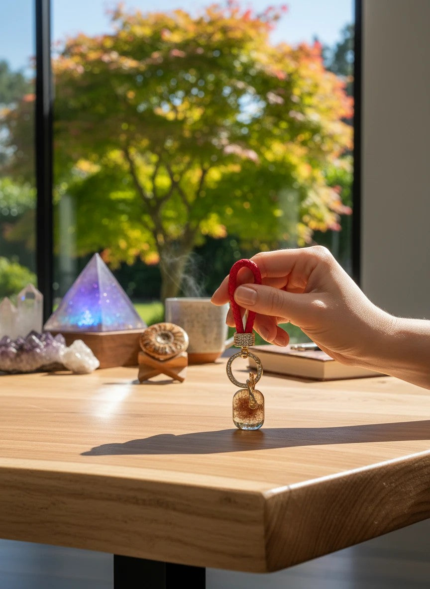 Soul Stone Designs Citrine square crystal orgonite keychain with red loop and gold accents.