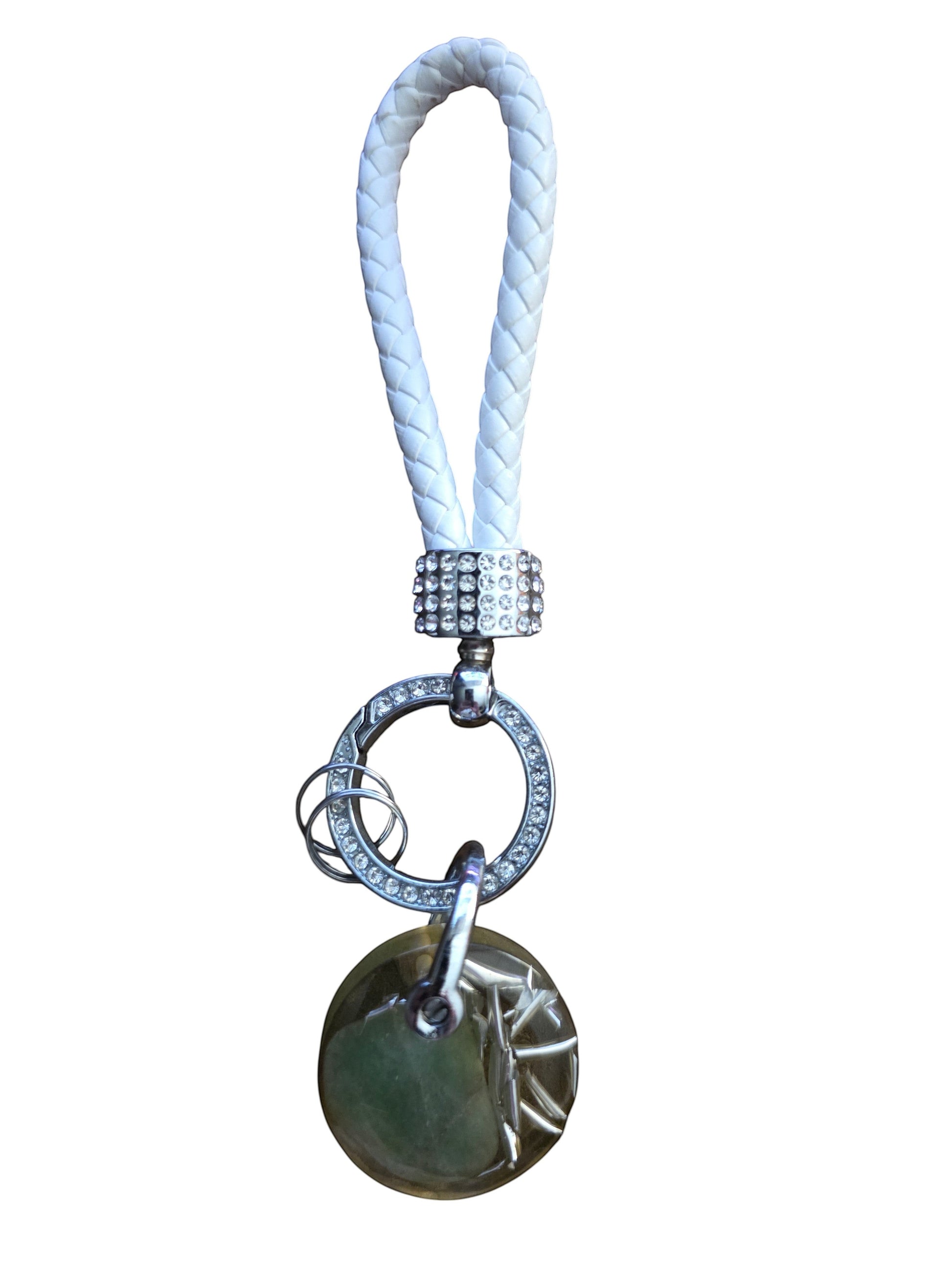 Soul Stone Designs green aventurine orgonite keychain with braided white leather loop and crystal-embellished hardware.