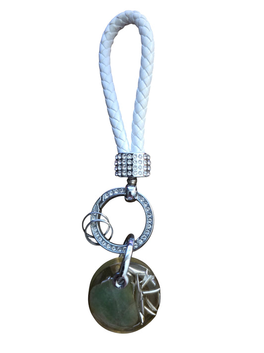Soul Stone Designs green aventurine orgonite keychain with braided white leather loop and crystal-embellished hardware.