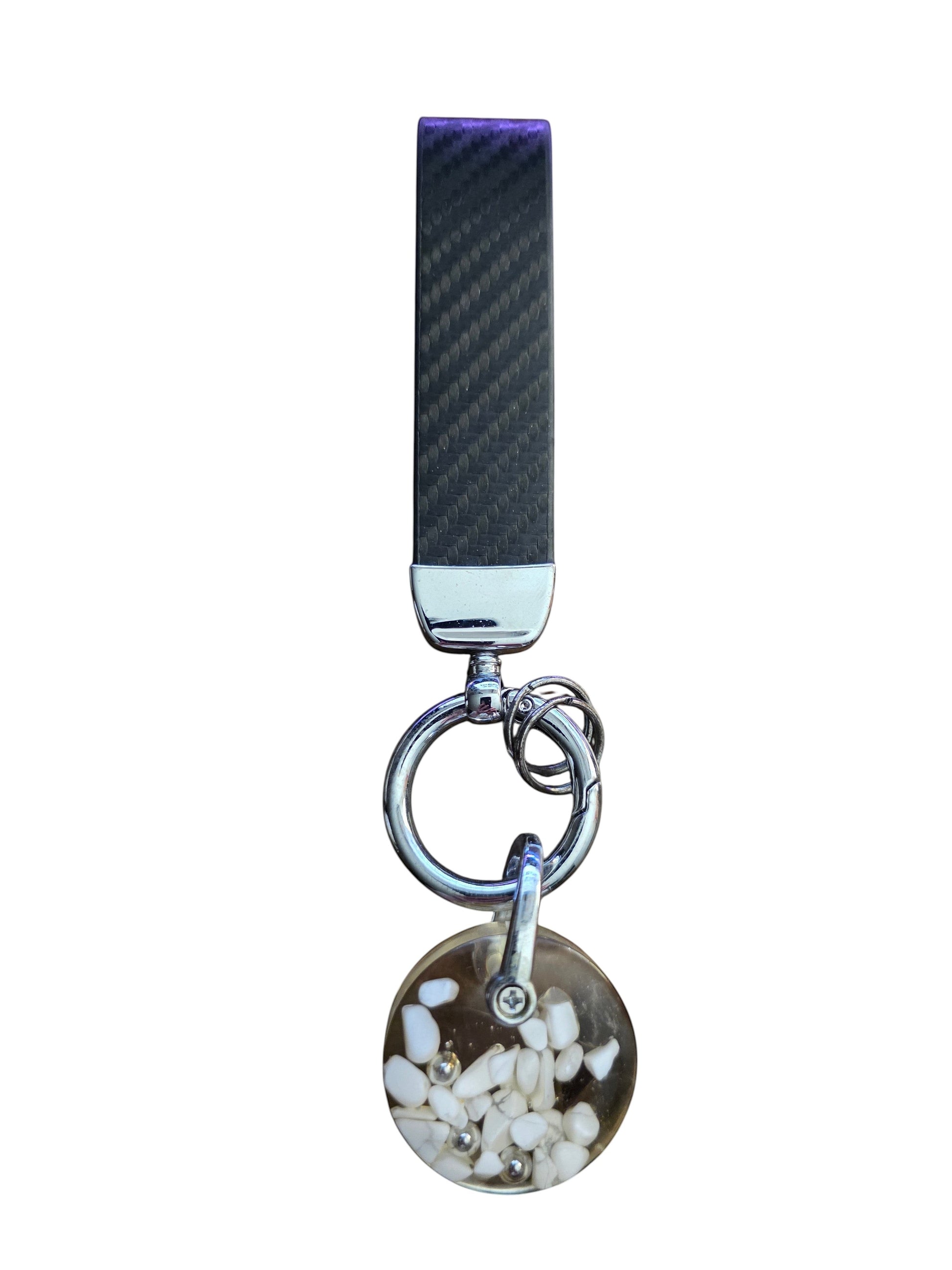 Soul Stone Designs Howlite mini orgonite keychain with white stones and metal shavings in resin. Black carbon fiber strap.