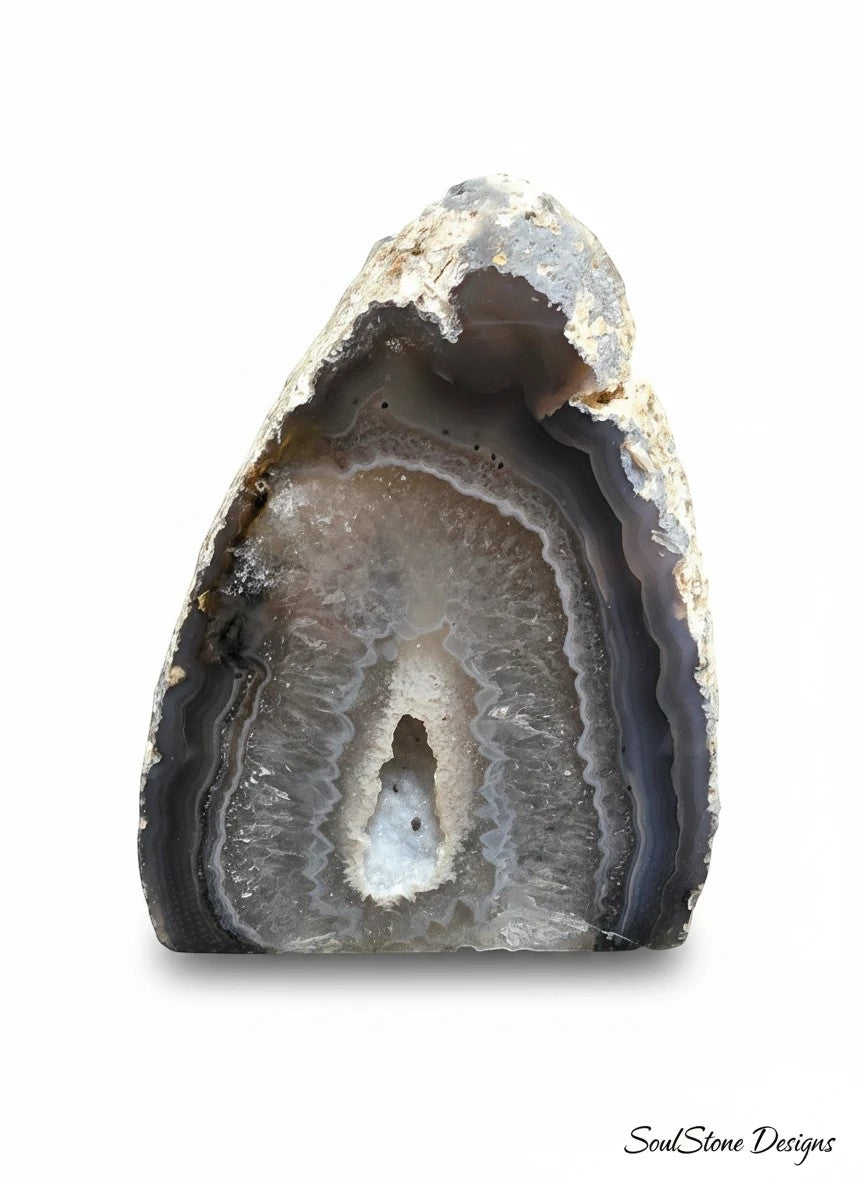 SoulStone Designs natural druzy agate geode with grey banding and sparkling crystal interior.