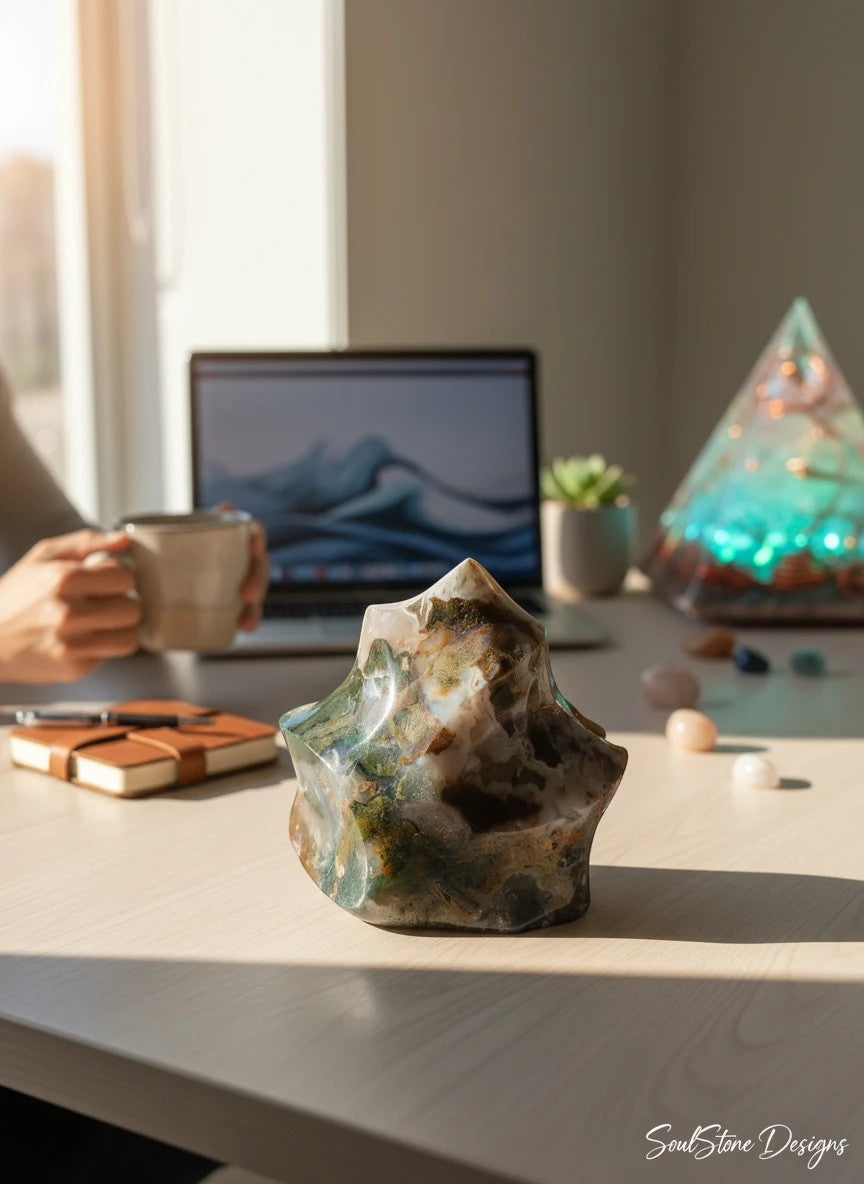 SoulStone Designs Ocean Jasper flame-shaped crystal with green and white inclusions, polished finish.