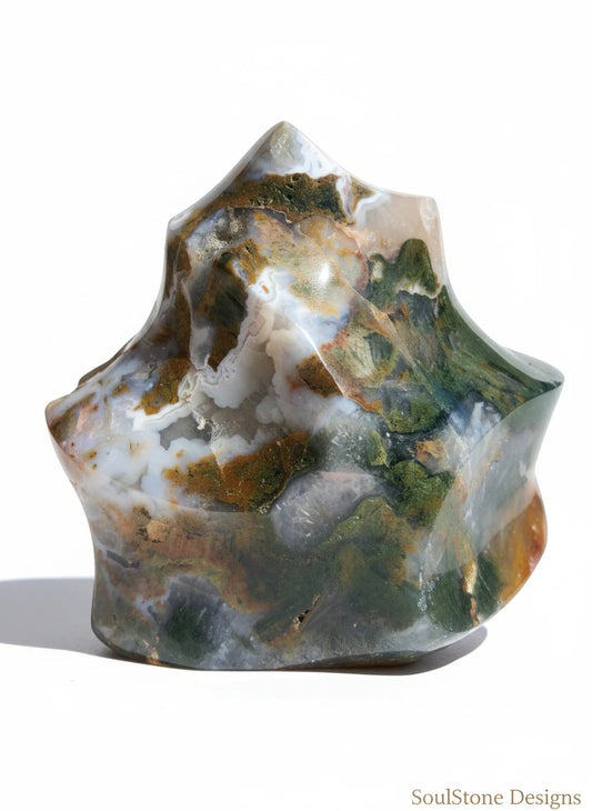 SoulStone Designs Ocean Jasper flame with green, white, and brown inclusions. Polished stone sculpture.