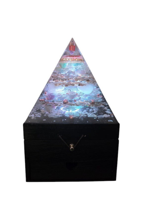 SoulStone Designs Prism of Clarity orgonite lamp with crystals and LED light on a handcrafted wooden jewellery box base.