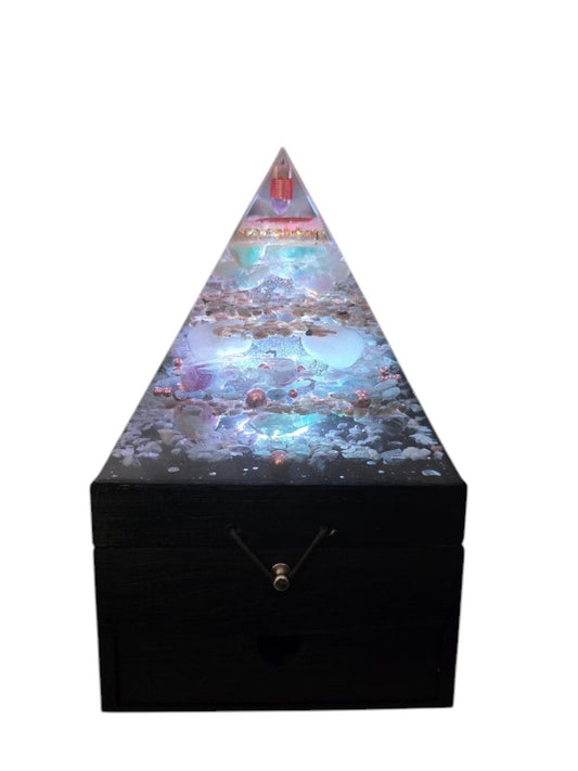 SoulStone Designs Prism of Clarity orgonite lamp with crystals and LED light on a handcrafted wooden jewellery box base.
