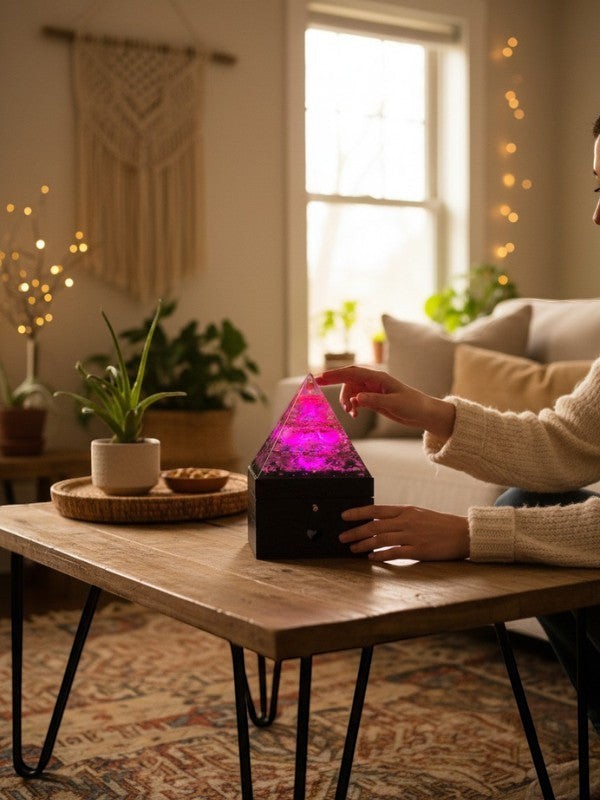 SoulStone Designs Prism of Clarity orgonite lamp with multicoloured LED light on a wooden jewellery box base.