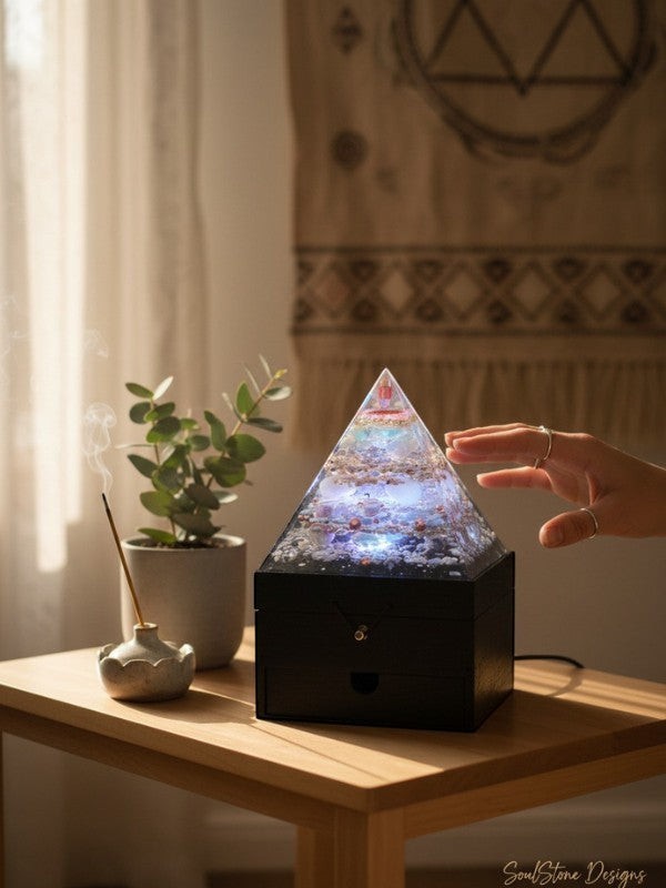 SoulStone Designs Prism of Clarity orgonite crystal lamp with multicoloured LED light on a wooden jewellery box base.