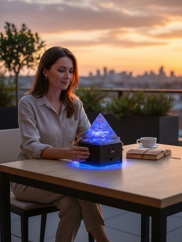 Woman sitting at a table with a SoulStone Designs Prism of Clarity orgonite crystal lamp on a wooden box at sunset.