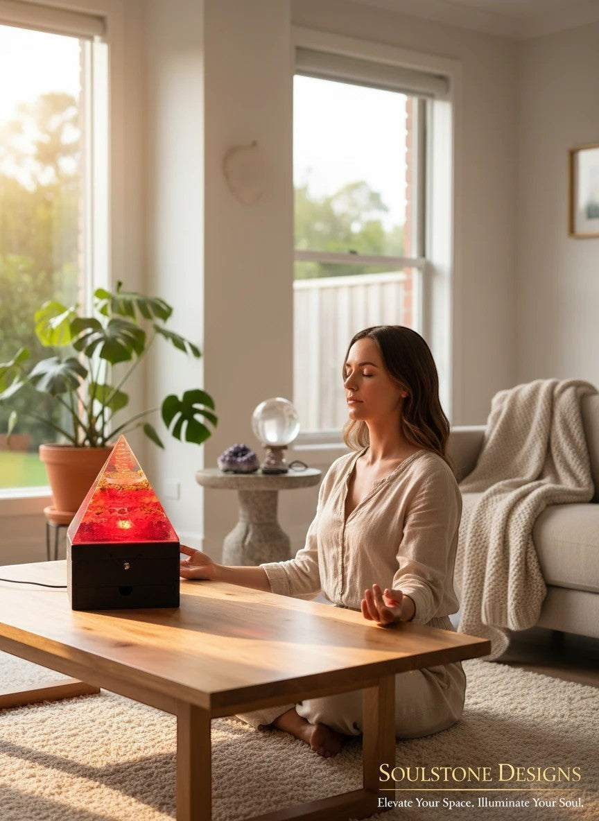 SoulStone Designs Lotus Radiance Orgonite Lamp with red, orange, and yellow layers, copper torus, and selenite base.