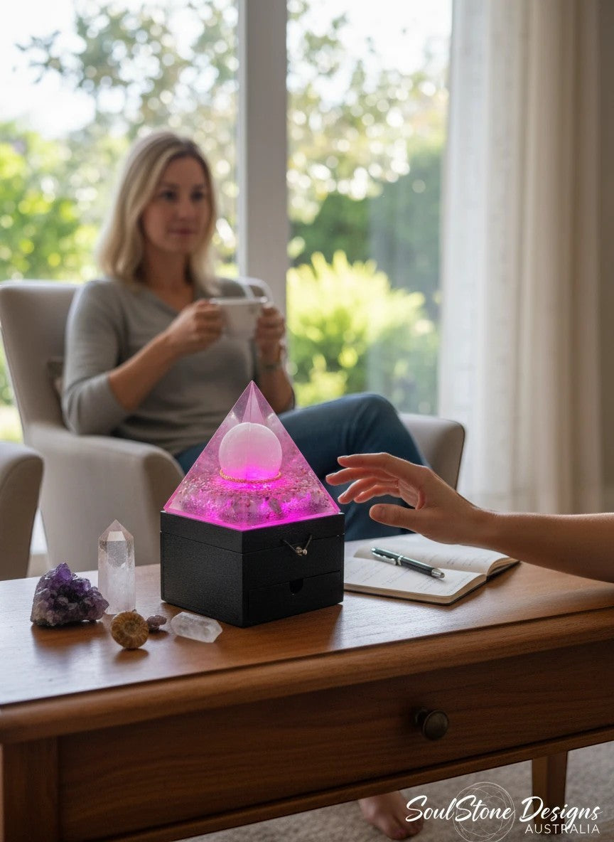 SoulStone Designs Ocean Serenity orgonite lamp with Selenite sphere, Lepidolite, Blue Calcite, and Aquamarine crystals. Pink glow.