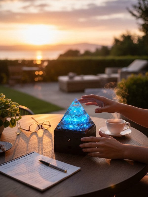 SoulStone Designs Prism of Clarity orgonite lamp with glowing blue LED on a wooden box at sunset, hands reaching out.